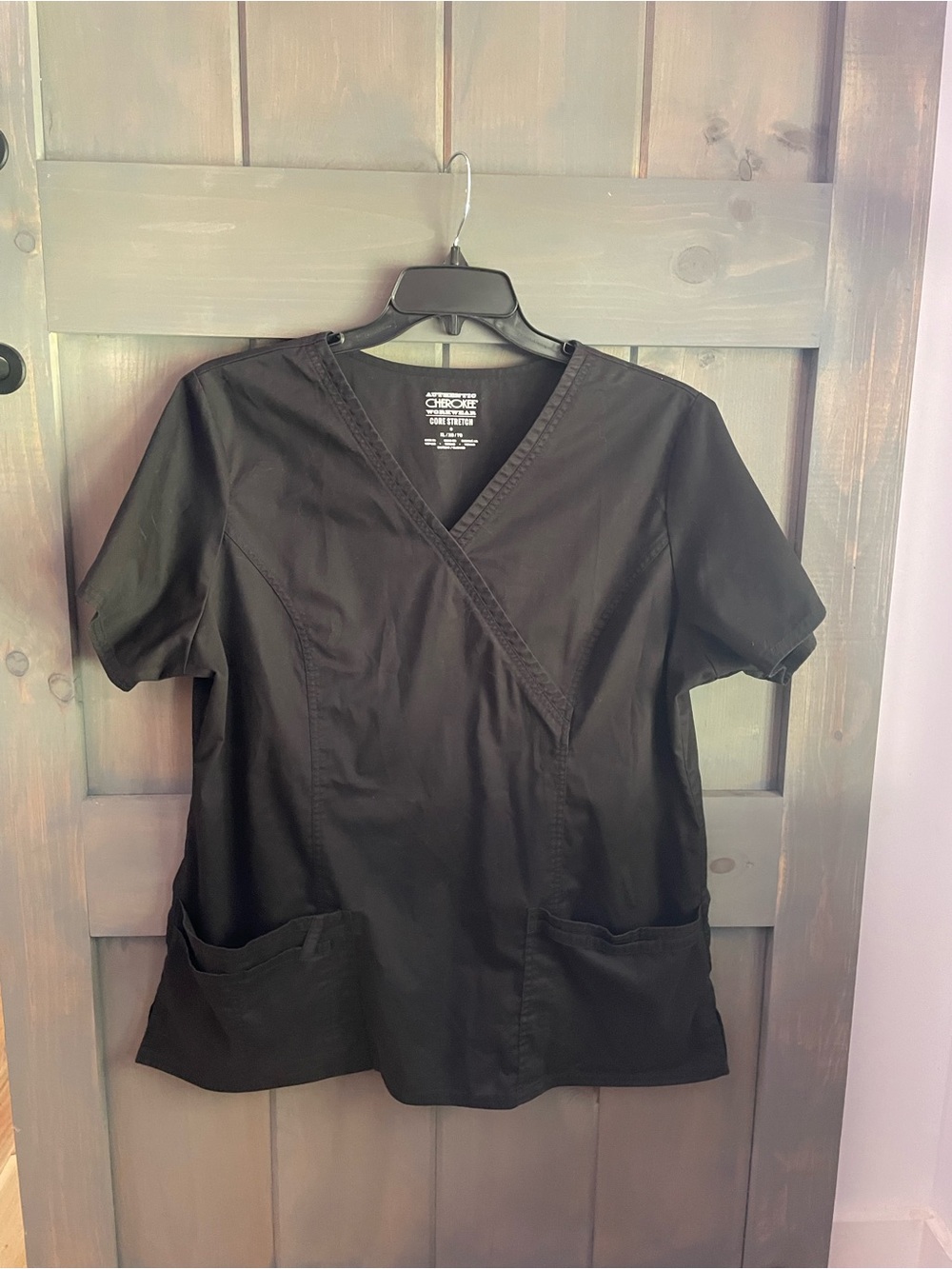 Black UNIFORM SCRUB TOP V-Neck Wrap Tunic Top with Front Pockets by Cherokee